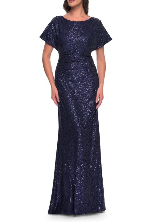Sequin Stretch Evening Dress with High Neckline and Dolman Sleeves