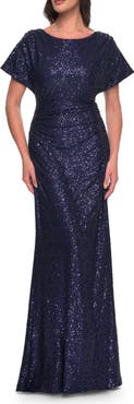 La Femme Sequin Stretch Evening Dress with High Neckline and Dolman Sleeves