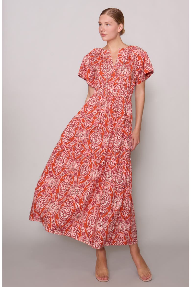 Floral Puff Sleeve Tiered Maxi Dress, Alternate, color, RUST STONE