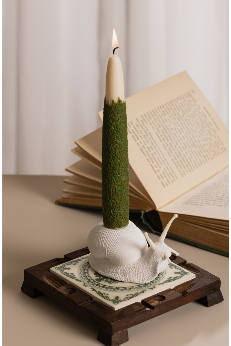 Snail Candle Holder with Moss Taper Candles, Alternate, color, Off-white / Dark Green