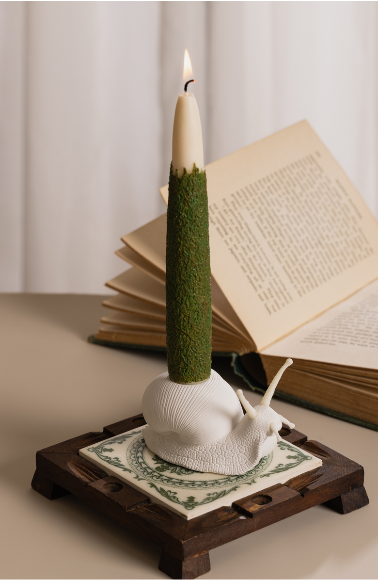 Southlake gifts Snail Candle Holder with Moss Taper Candles, Alternate, color, Off-White / Dark Green