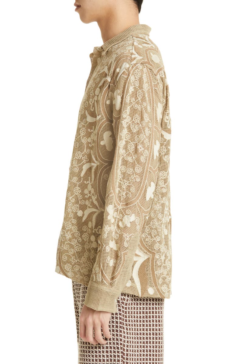 Bode Filet Filigree Embroidered Mesh Button-Up Shirt, Alternate, color, 