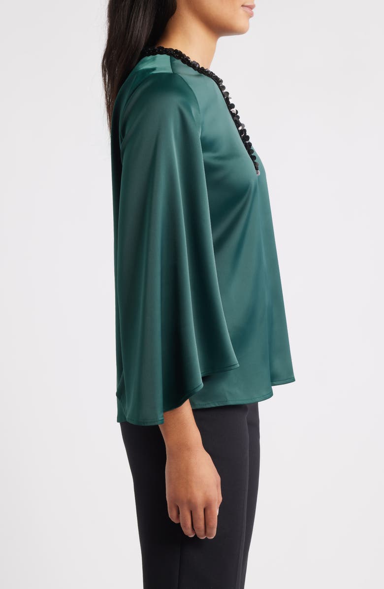 Anne Klein Sequin Accent Flutter Sleeve Satin Top, Alternate, color, Pine Forest