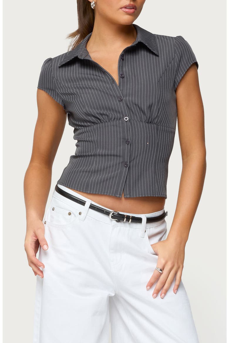 Juney Pinstripe Crop Cotton Blend Button-Up Shirt, Main, color, GRAY