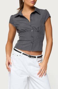 EDIKTED Juney Pinstripe Crop Cotton Blend Button-Up Shirt