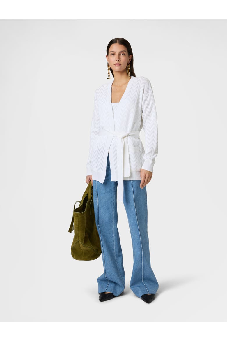 Cardigan In Cotton And Viscose Chevron With Belt, Alternate, color, White
