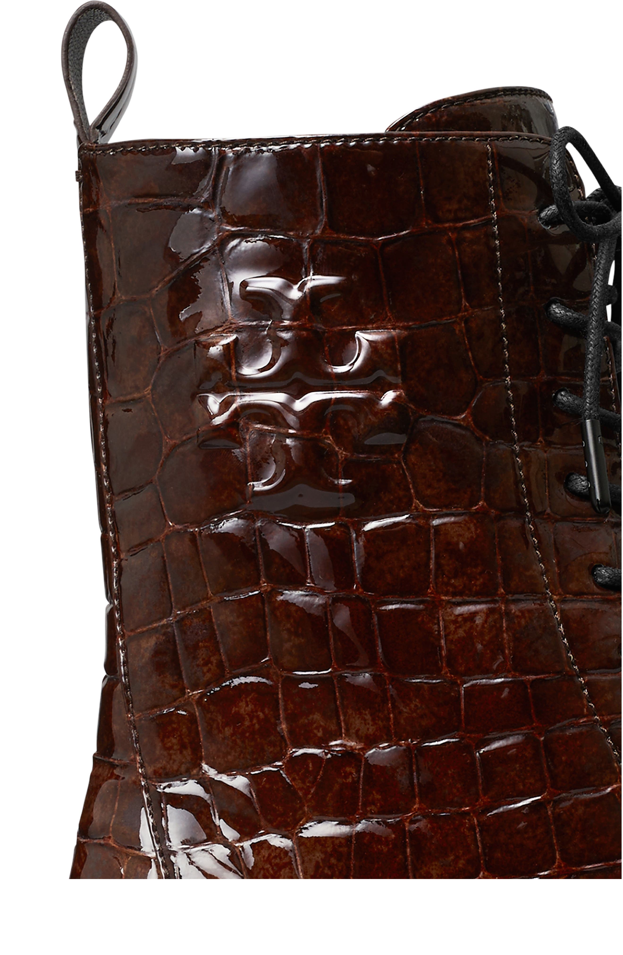 Double-T Croc Embossed Combat Boot, Alternate, color, BROWN CROC
