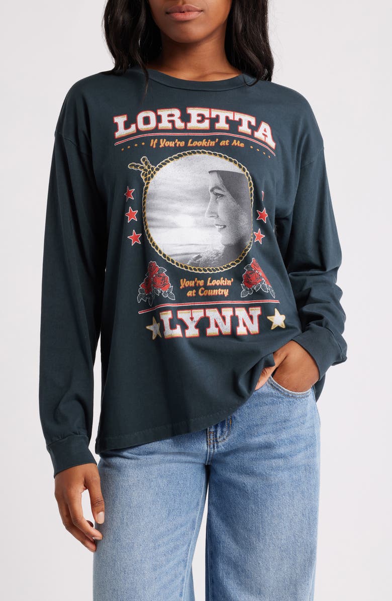 Daydreamer Loretta Lynn Lookin' Long Sleeve Cotton Graphic T-Shirt, Main, color, Vintage Black