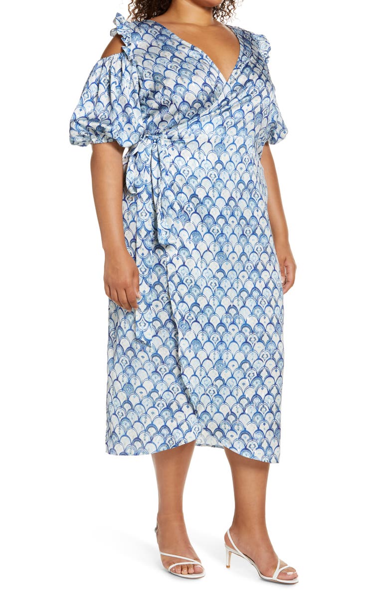 Never Fully Dressed Blue Marble Cold Shoulder Wrap Dress, Alternate, color,