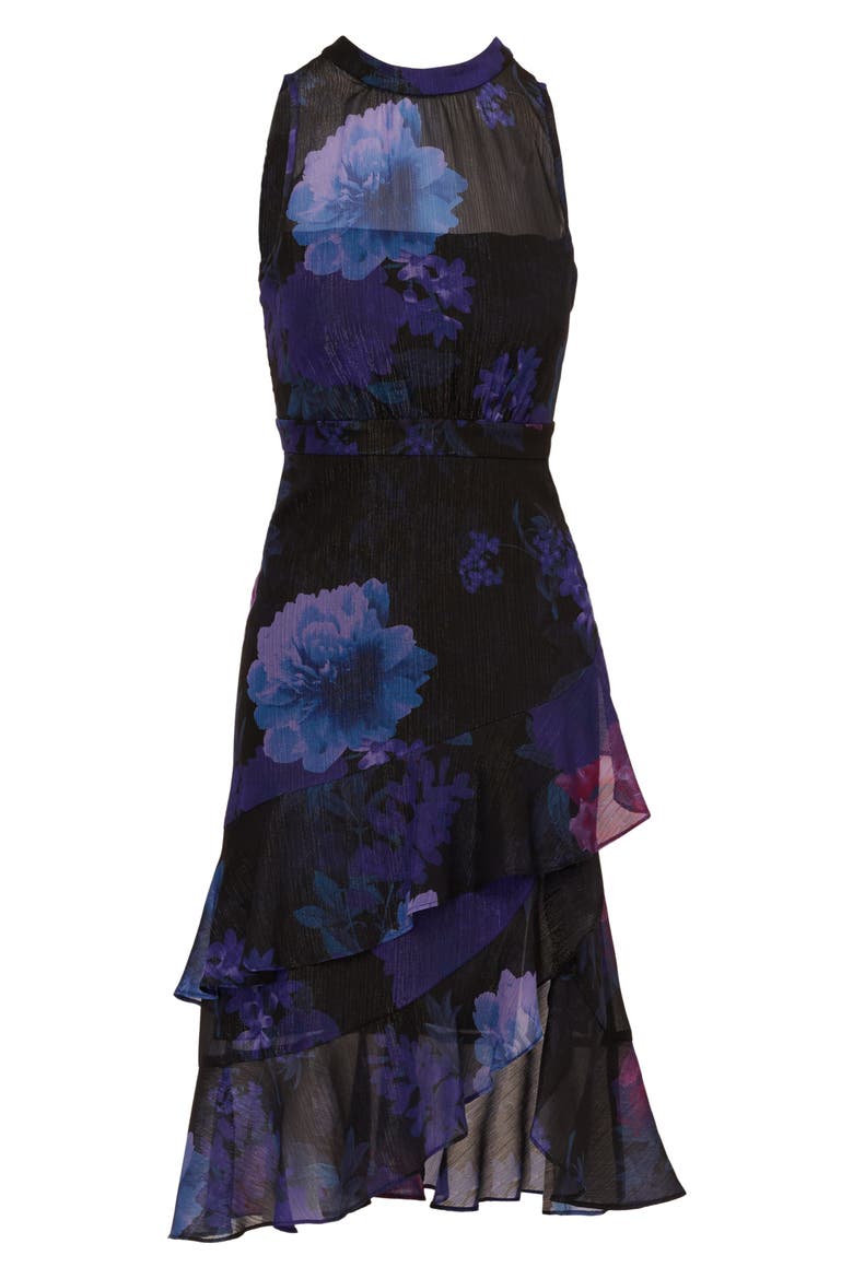 Glitter Floral Ruffle Midi Dress, Alternate, color, BLACK MULTI