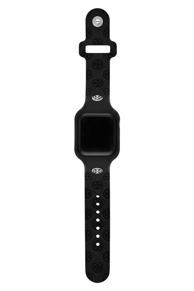 T Monogram Silicone Apple Watch® Watchband, 41mm, Alternate, color, BLACK