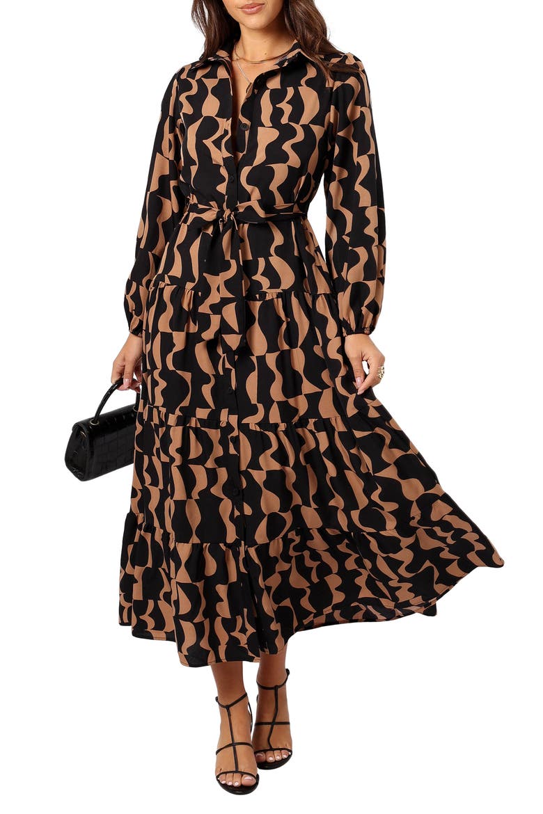 Lincoln Tie Waist Long Sleeve Maxi Dress, Main, color, BLACK/ BEIGE
