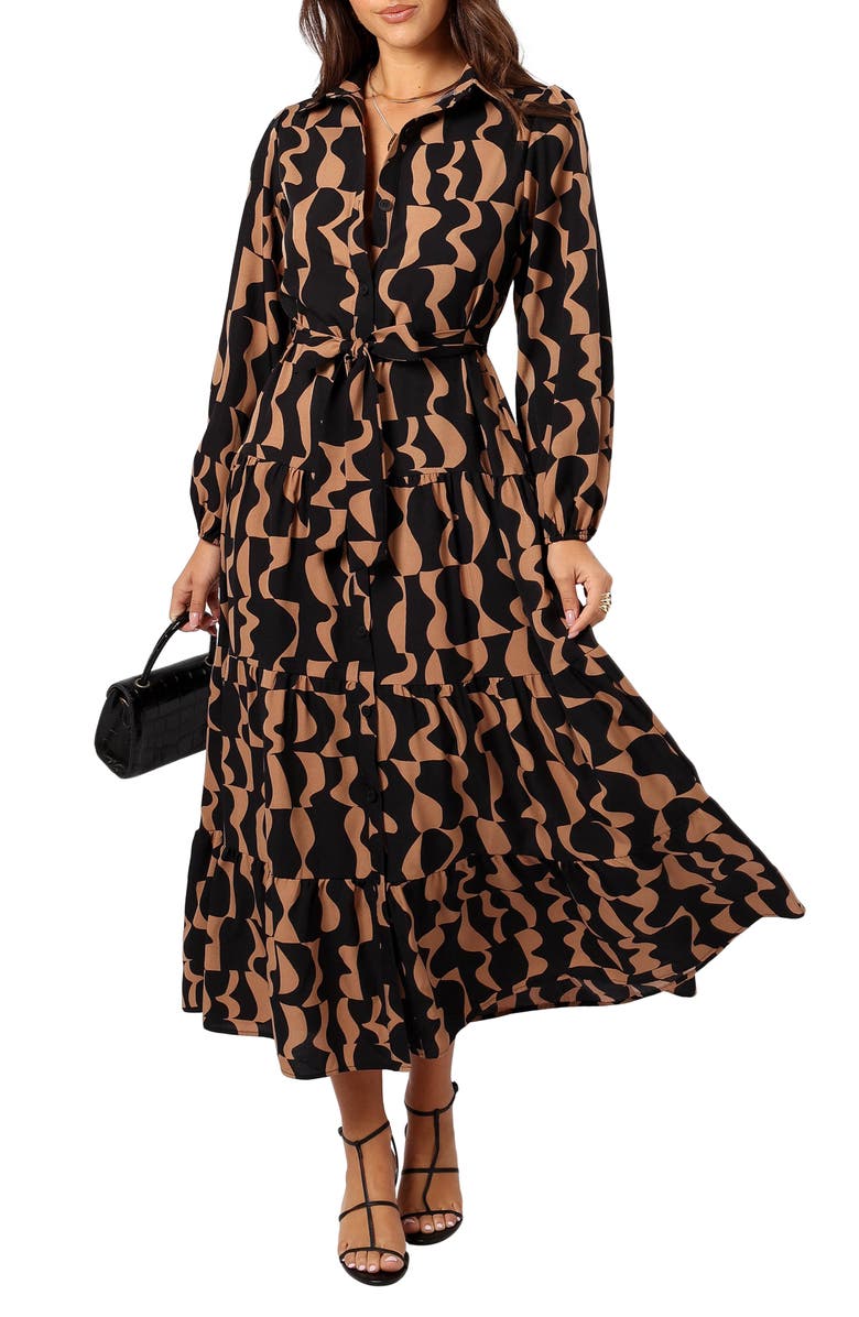 Petal & Pup Lincoln Tie Waist Long Sleeve Maxi Dress, Main, color, Black/ Beige