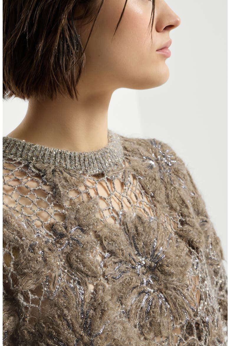 Whispering bloom embroidery knit t-shirt in sparkling mohair and wool, Alternate, color, Pine Cone Brown