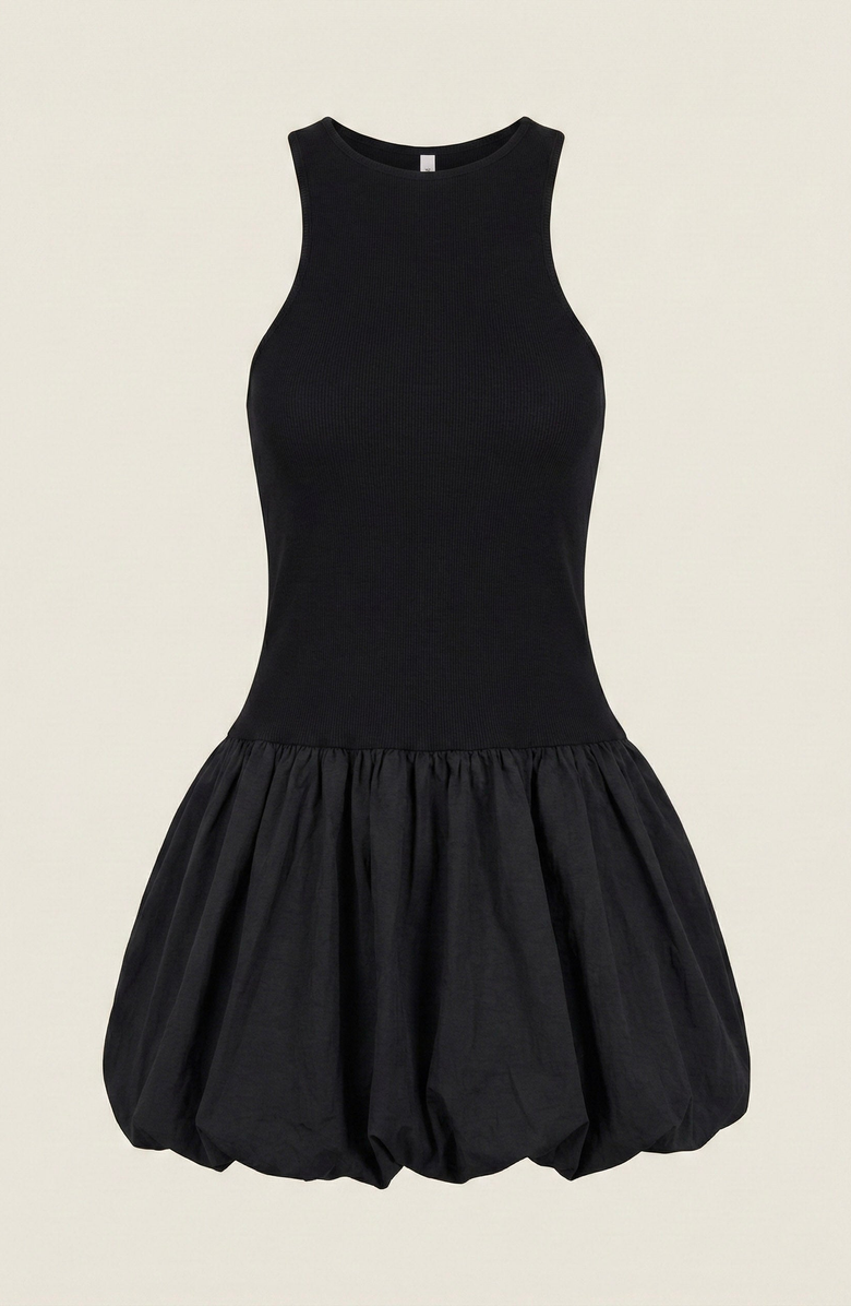 Modenaire Mixed Media Racerback Mini Dress with Bubble Hem Skirt, Alternate, color, Black