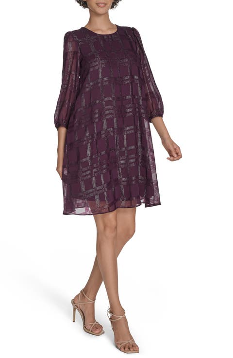 Metallic Plaid Chiffon Trapeze Dress