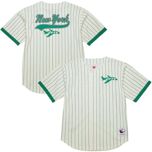 Mitchell & Ness Cream New York Jets Vintage Logo Final Seconds Full-button Mesh Top In Green