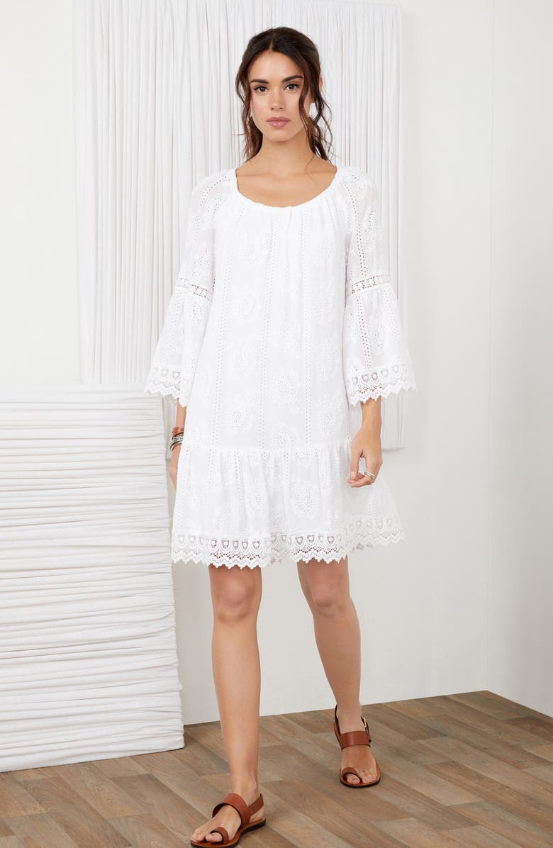 Karen Kane Mixed Lace Trim Long Sleeve Eyelet Shift Dress, Alternate, color, 