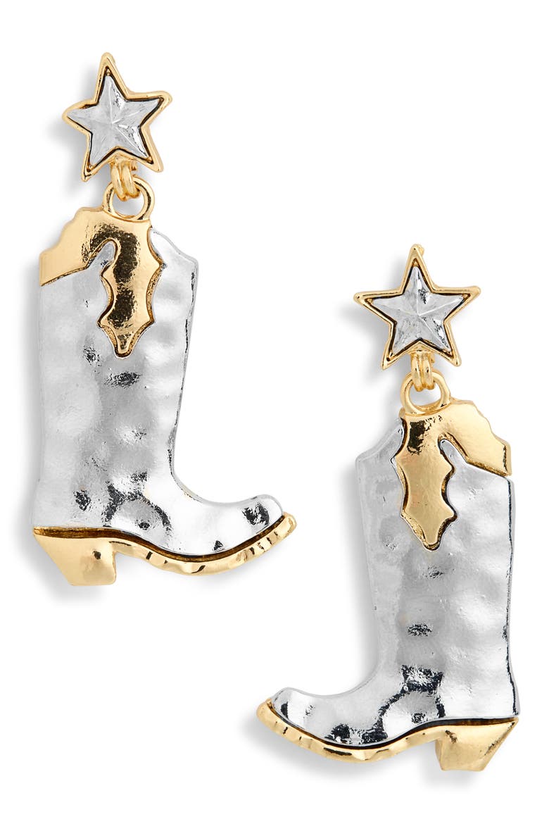 Kara Cowboy Boot Drop Earrings, Main, color, SILVER