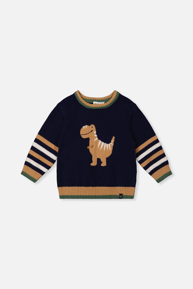 Dino Intarsia Striped Ribbed Cuffs Knit Sweater, Main, color, Dark Blue, Brown and Beige