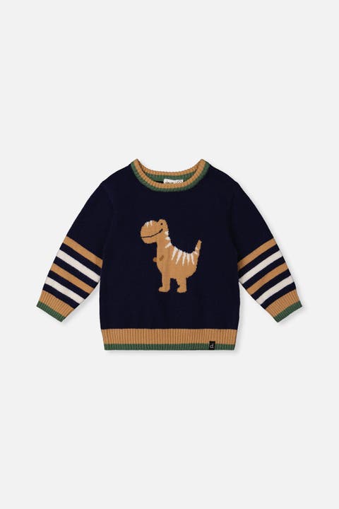 Dino Intarsia Striped Ribbed Cuffs Knit Sweater