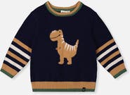 Deux par Deux Dino Intarsia Striped Ribbed Cuffs Knit Sweater