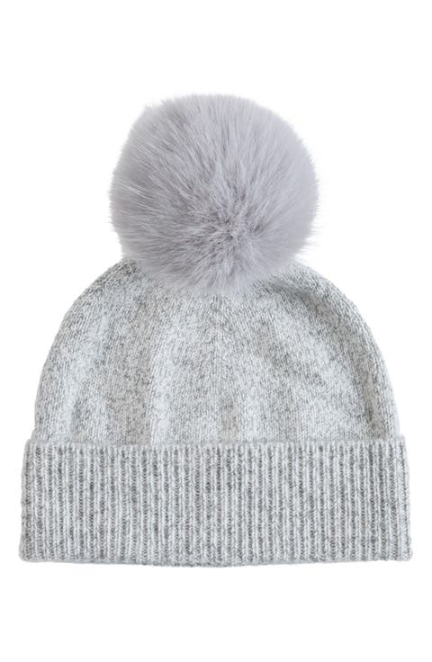 Marled Cashmere Beanie with Faux Fur Pom