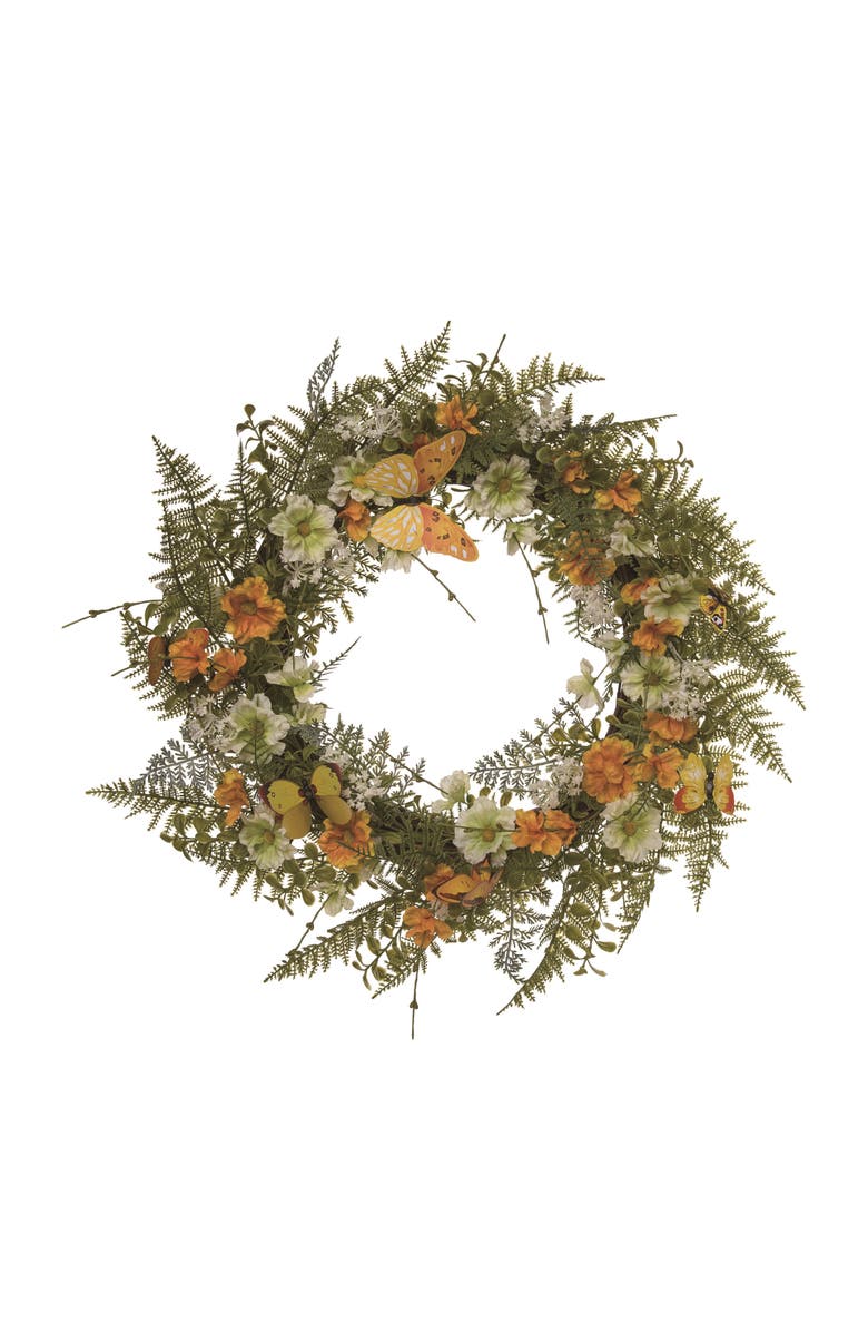 Transpac 24 Inch Green Spring Fern and Butterfly Wreath Natural Fiber Decorative Spring Wreath for Home Decor, Main, color, Green