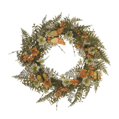24 Inch Green Spring Fern and Butterfly Wreath Natural Fiber Decorative Spring Wreath for Home Decor