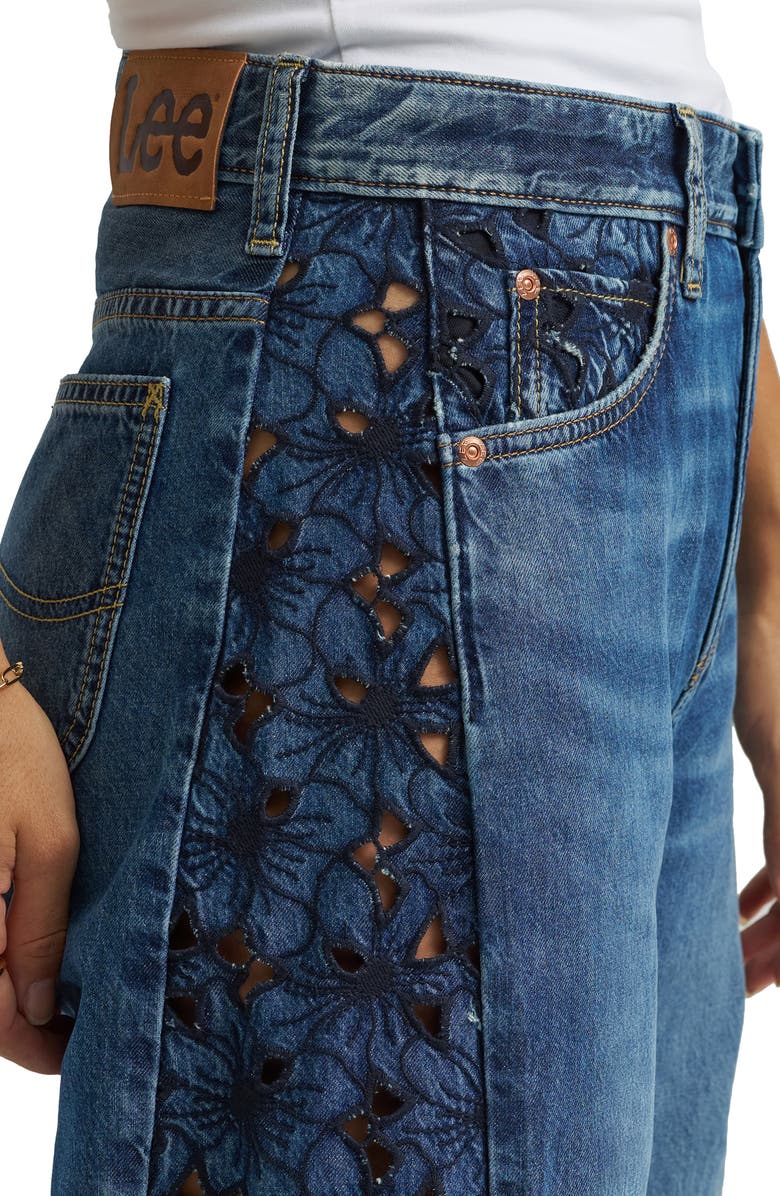 Lee Rider<sup>™</sup> Embroidered Raw Hem Low Slung Barrel Jeans, Alternate, color, Blue Royalty