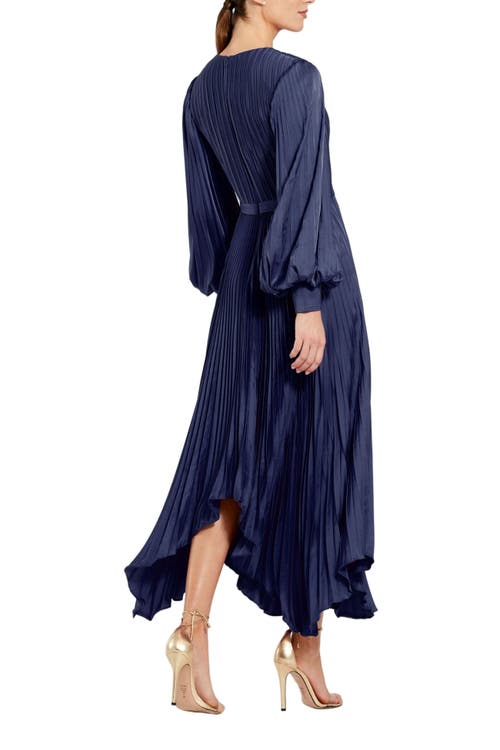 Mac Duggal Long Sleeve Pleated Handkerchief Dress In Blue