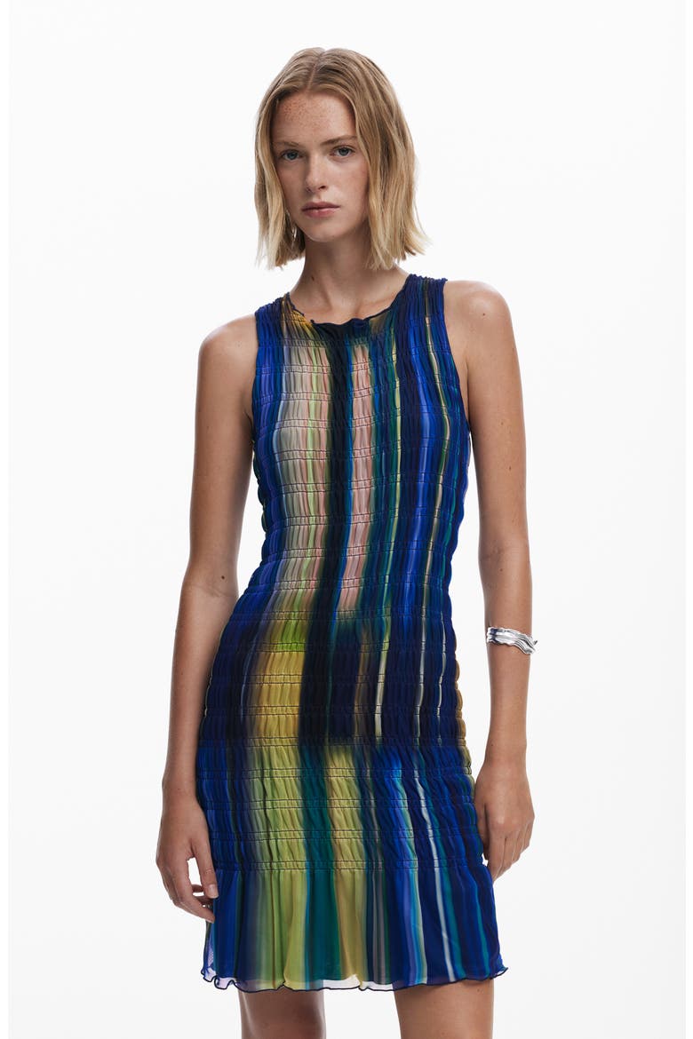 Mixed Stripe Smock Sleeveless Mesh Dress, Alternate, color, BLUE
