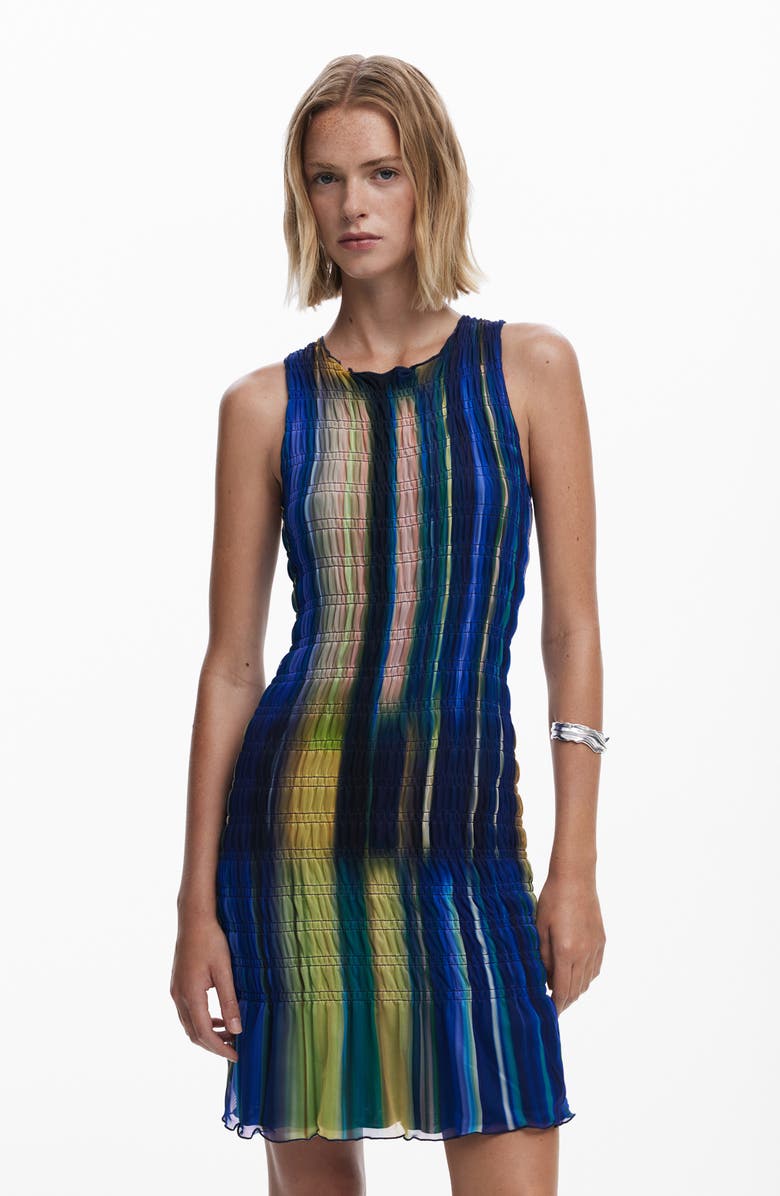 Desigual Mixed Stripe Smock Sleeveless Mesh Dress, Alternate, color, Blue