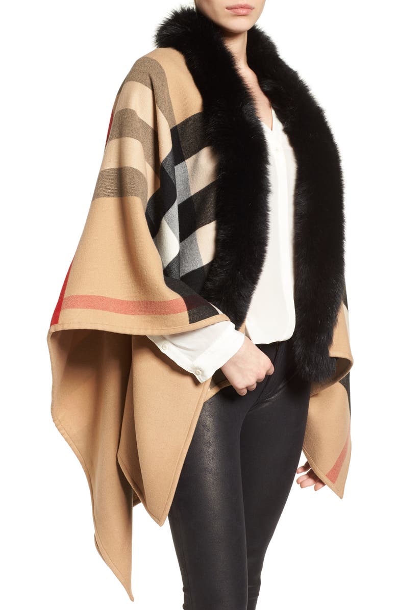 Burberry Charlotte Genuine Fox Fur Trim Reversible Cape, Alternate, color, 