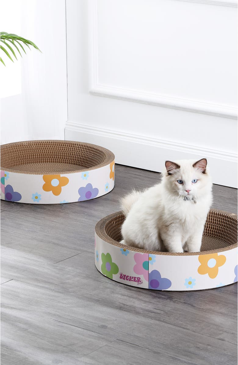 The Licker Store Daisy 18.13" Modern Cardboard Bowl Cat Scratcher with Catnip, Alternate, color, White/Multi
