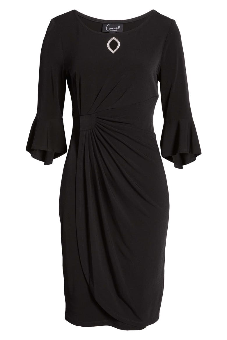 Bell Sleeve Faux Wrap Dress, Alternate, color, BLACK