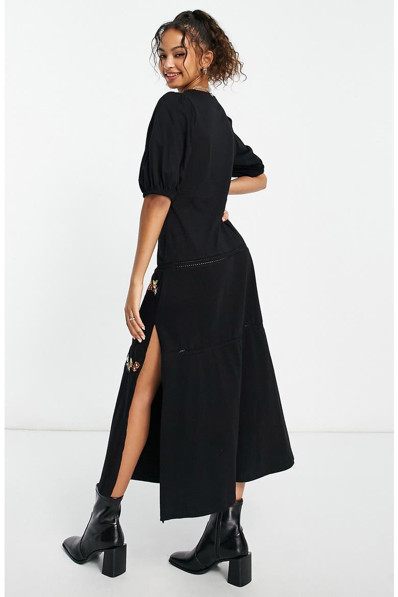 Floral Embroidered Cotton Midi Dress, Alternate, color, BLACK