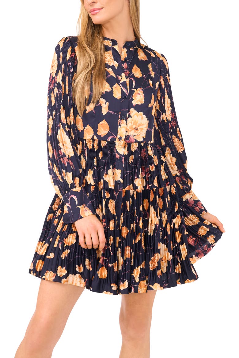 Floral Print Pleated Shirtdress, Alternate, color, BARITONE BLUE