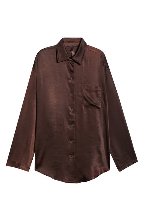 Lightweight Stretch Satin Button-Up Shirt (Regular & Plus)