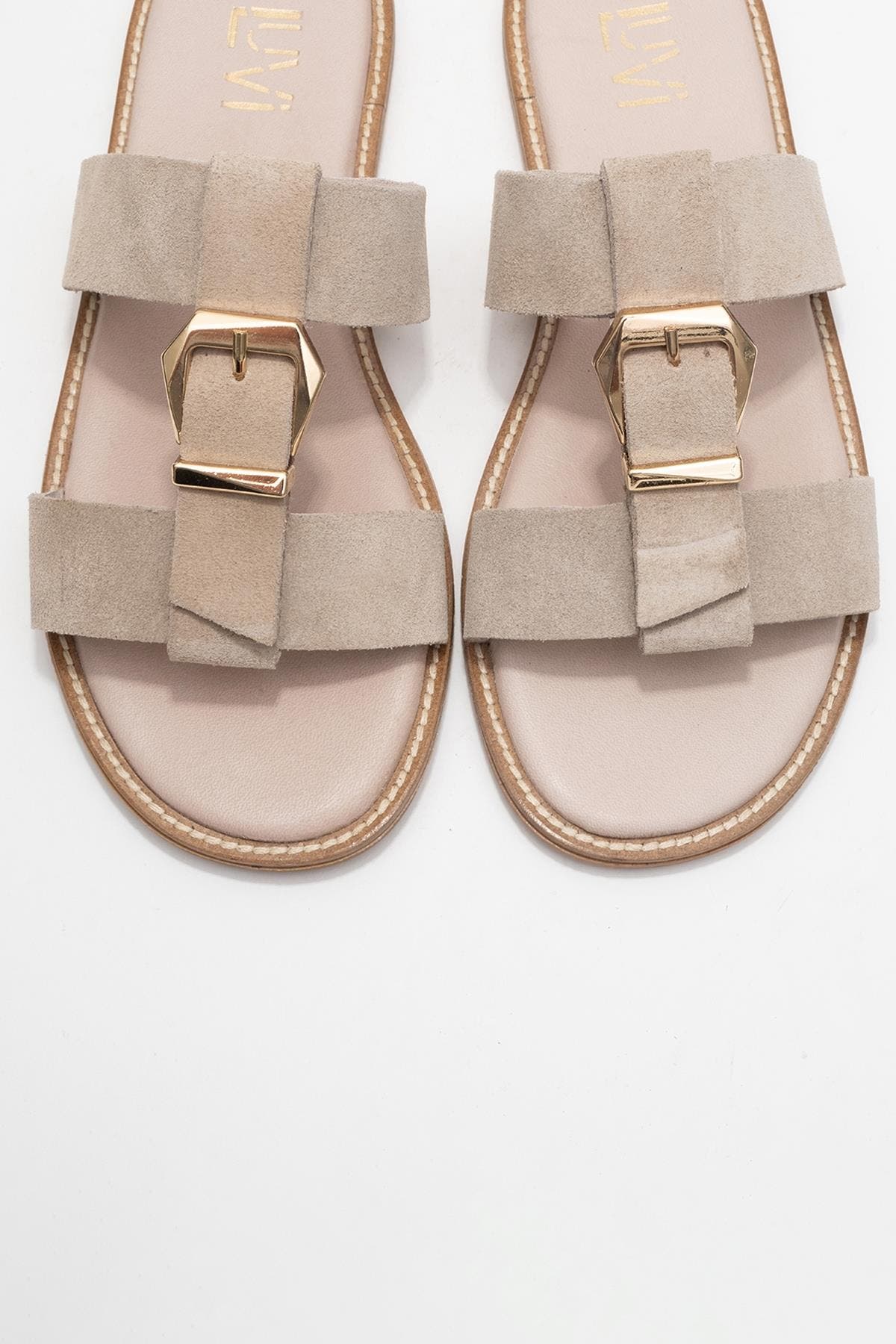 Sveta Leather Buckled Sandal, Alternate, color, Beige Suede Leather