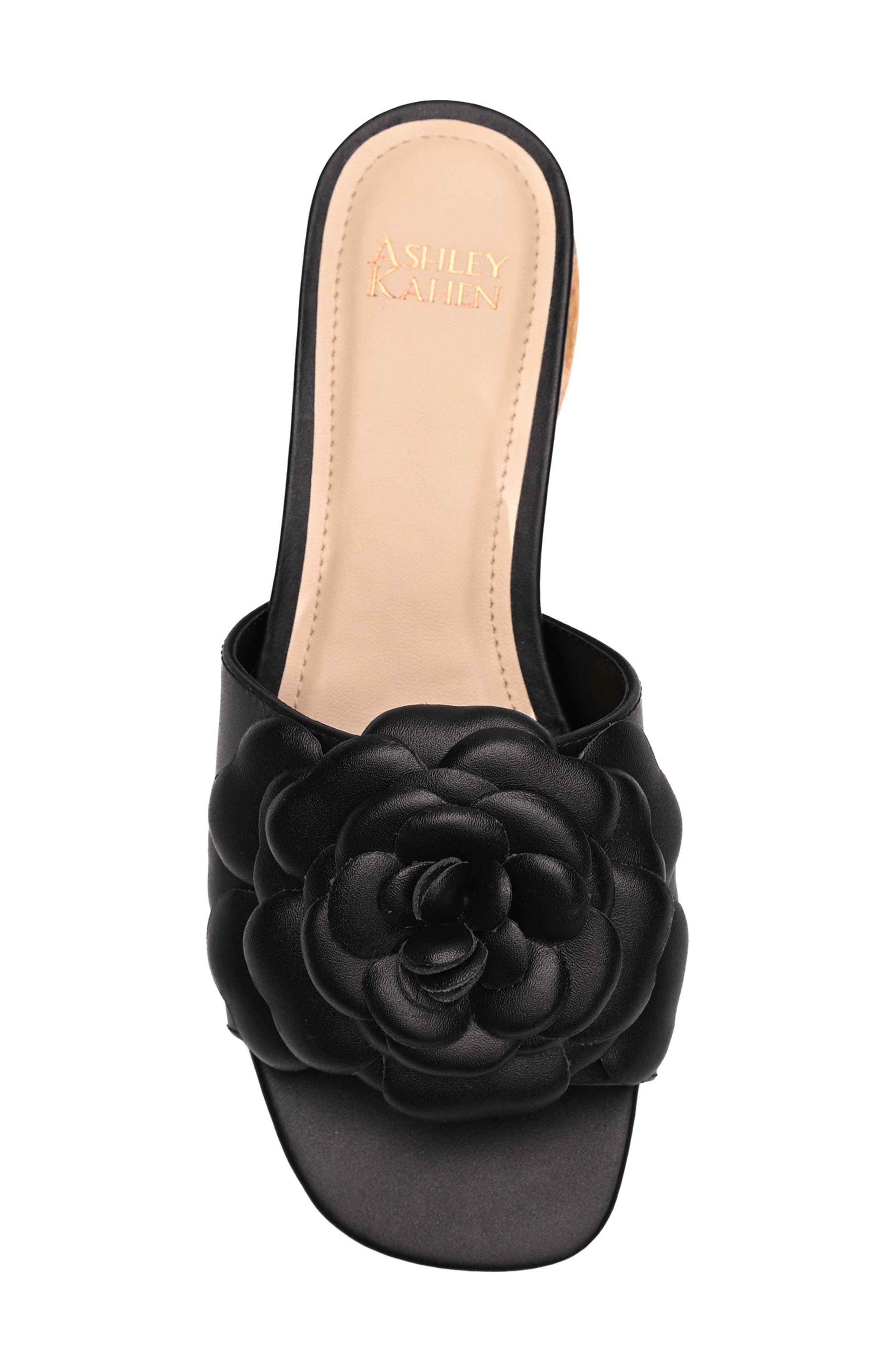 Rose Floral Slide Leather Sandal, Alternate, color, BLACK