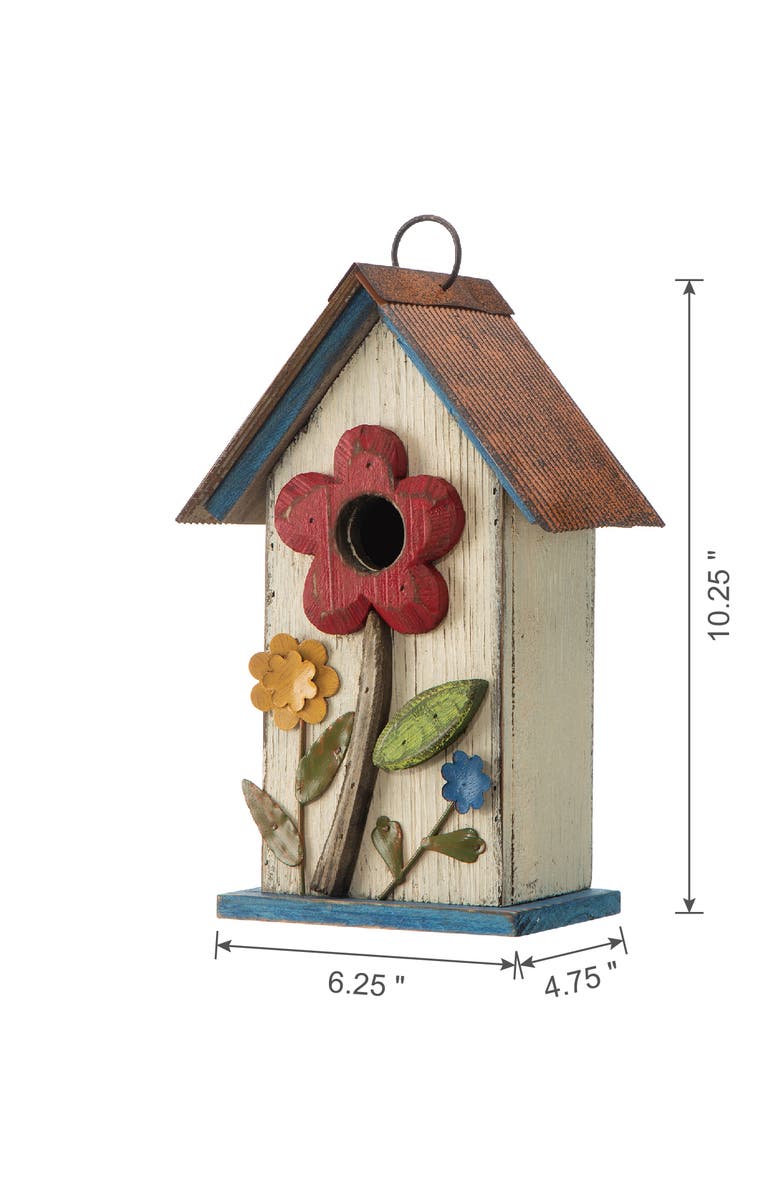 Glitzhome 10"H Multicolor Cute Distressed Solid Wood Birdhouse with 3D Flowers, Alternate, color, White