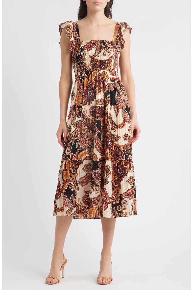 Paisley Tiered Midi Sundress, Main, color, BROWN MULT
