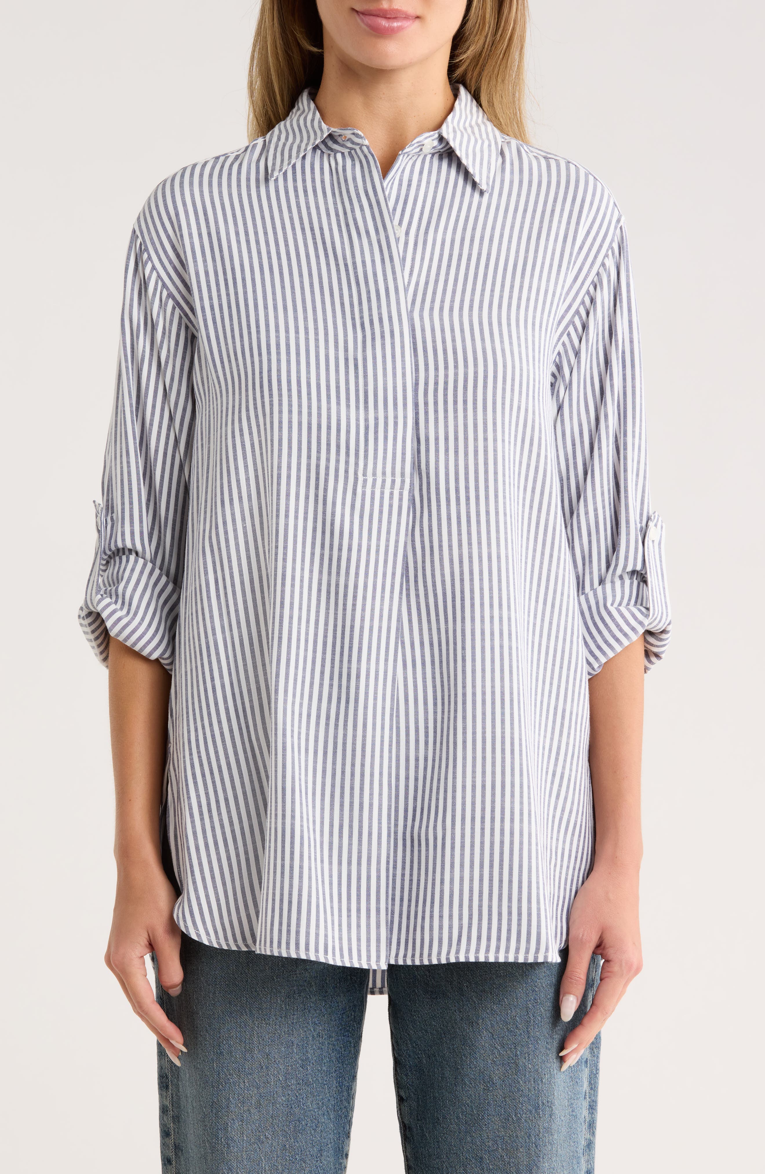 Stripe Oversize Long Sleeve Button-Up Tunic - image 5