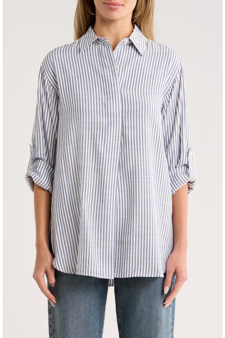 Stripe Oversize Long Sleeve Button-Up Tunic, Main, color, INOFWEVS-INDIGO/OFF WHITE EVEN STRIPE-JL-25010