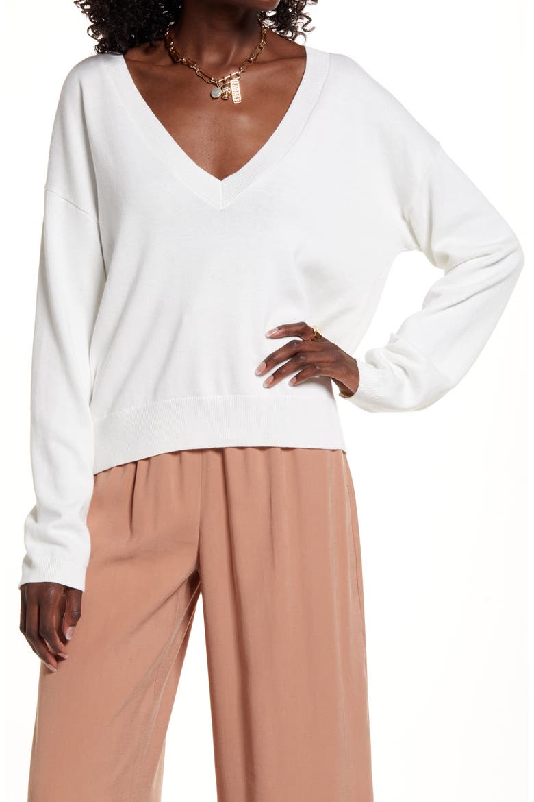 Deep V-Neck Cotton Blend Sweater, Main, color, IVORY