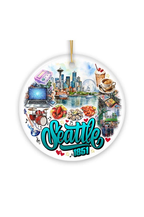 Seattle 1851 Watercolor Skyline Round Ceramic Ornament