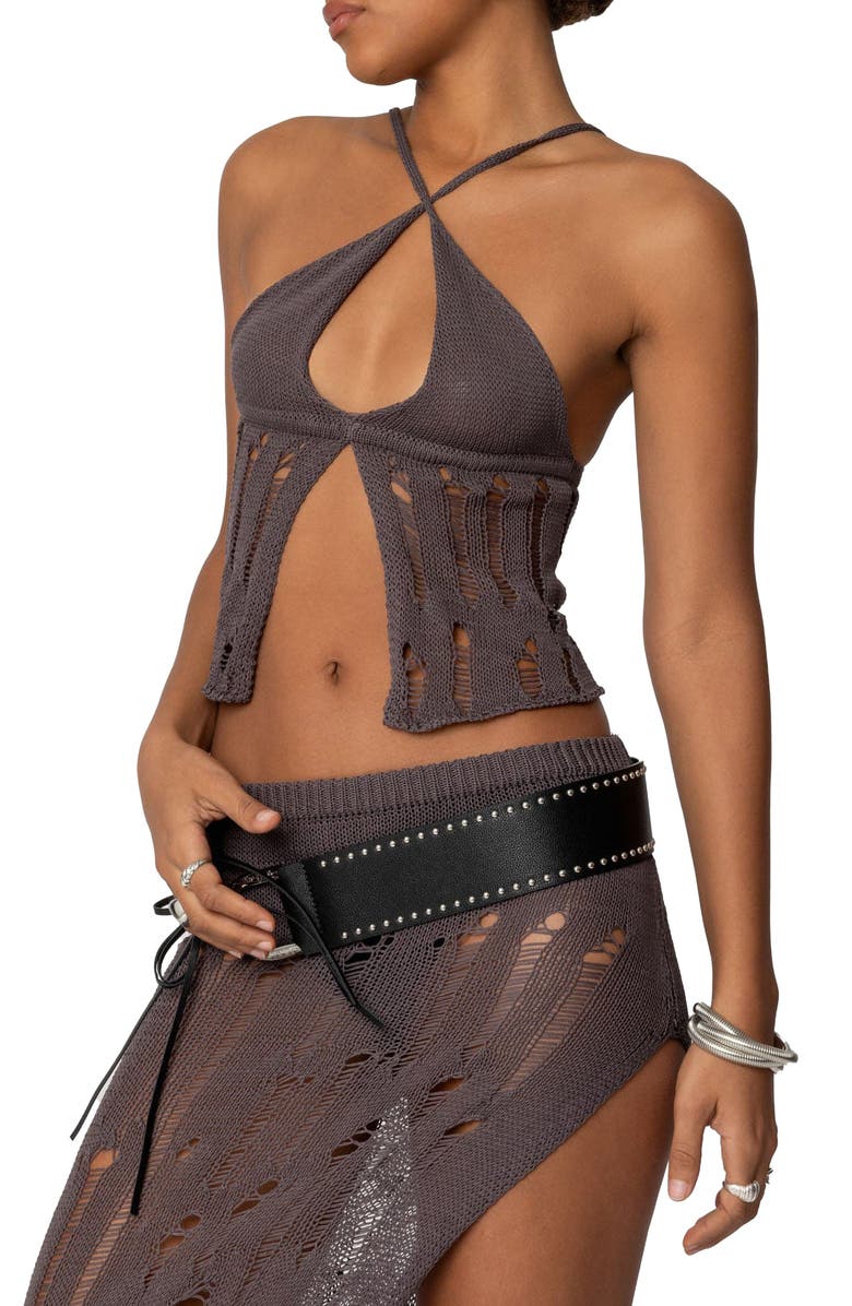EDIKTED Jaynie Distressed Flyaway Camisole Sweater, Alternate, color, Brown