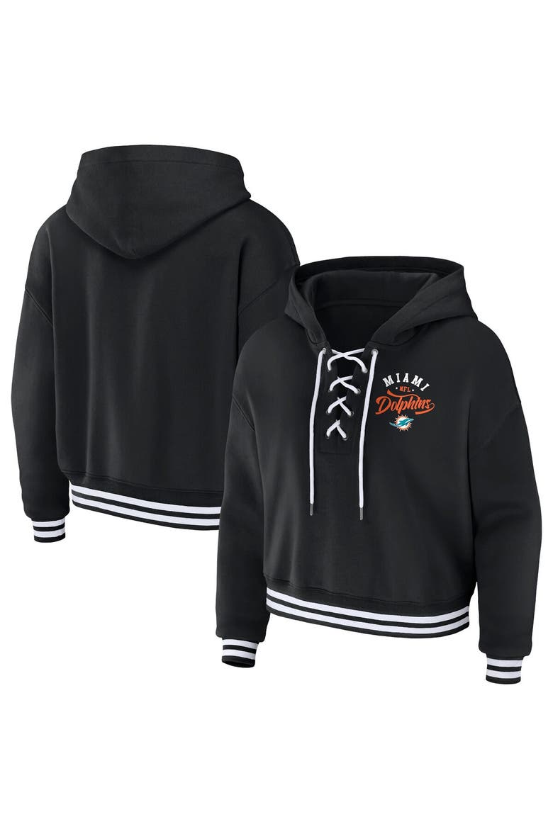 Women's WEAR by Erin Andrews Black Miami Dolphins Lace-Up Pullover Hoodie, Main, color, Black