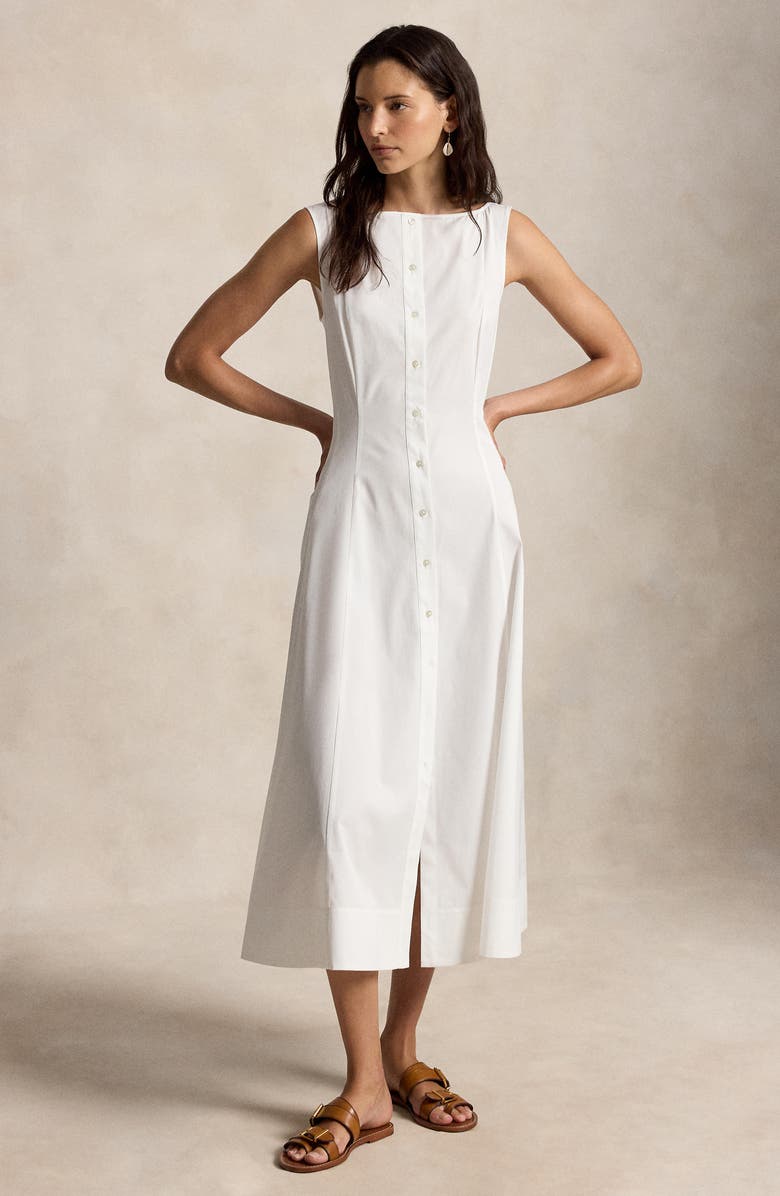 Polo Ralph Lauren Paneled Cotton Button-Up Midi Dress, Alternate, color, White